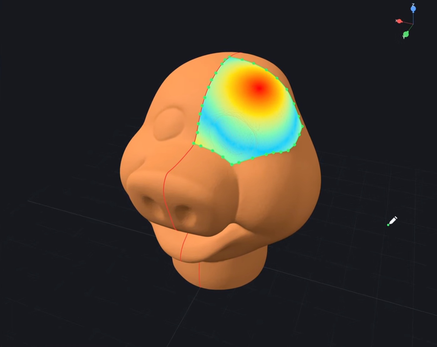 PatternLab model view with a selected surface region and strain heatmap